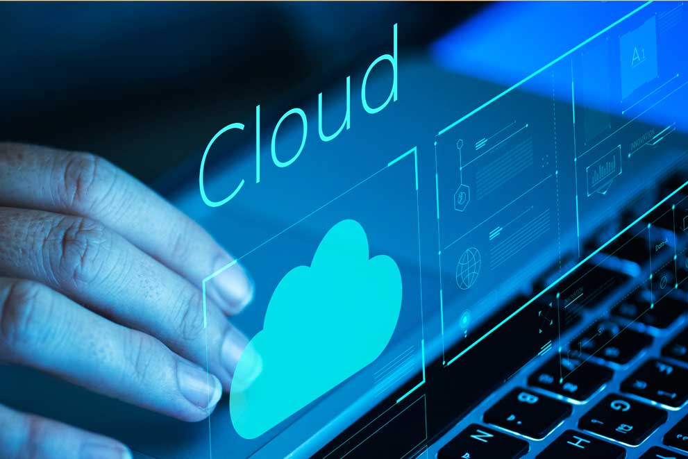 Cloud-Services Multiple devices connected through cloud services for seamless access and syncing across laptop, tablet, and smartphone