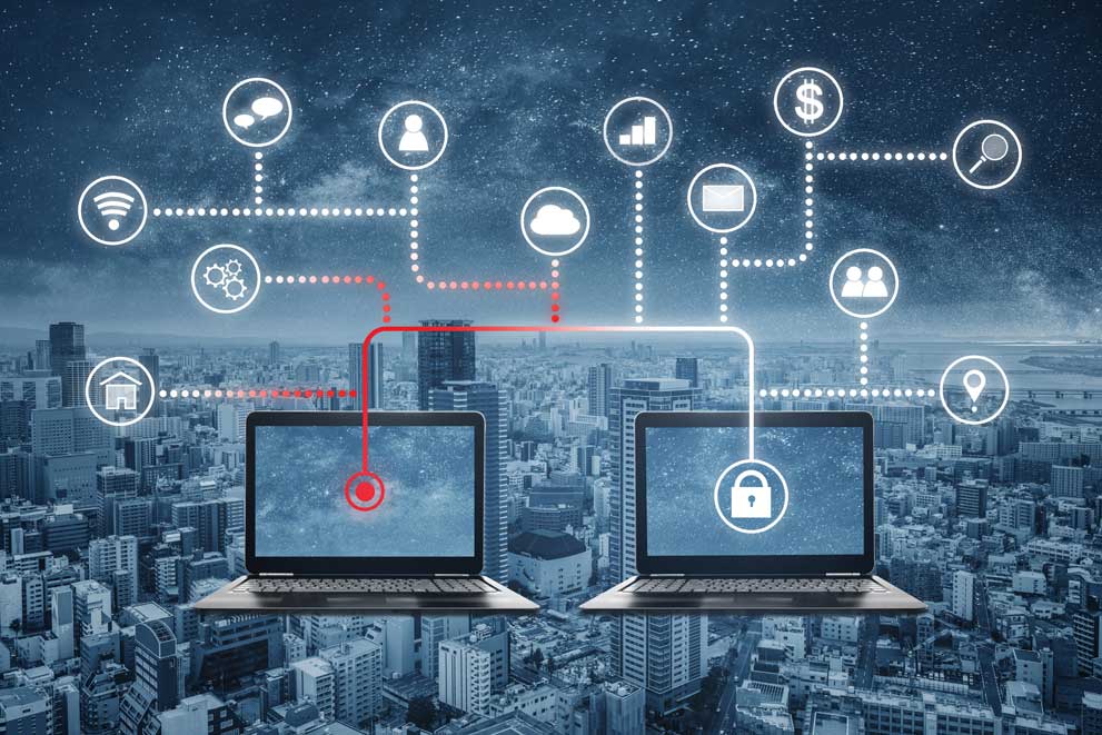 Network-&-Device-Management Multiple devices connected through cloud services for seamless access and syncing across laptop, tablet, and smartphone