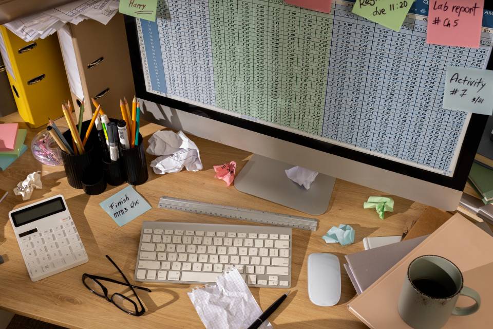 Cluttered office desk with spreadsheet on screen, showing the need for organized & managed IT support and systems Cluttered office desk with spreadsheet on screen, showing the need for organized & managed IT support and systems